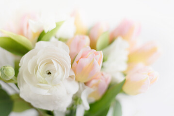 Beautiful holiday card. Mother Day greeting card. Delicate bouquet of white ranunculus and pastel...