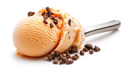 A scoop of caramelized hazelnut ice cream served with chocolate nibs isolated on a white background. Generative AI