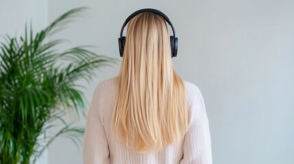 Naklejka premium Blonde Woman Listening Music Headphones Calm Minimalist Background