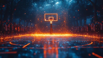 Stylized basketball court with glowing hoop and fiery spark trails. Generative AI