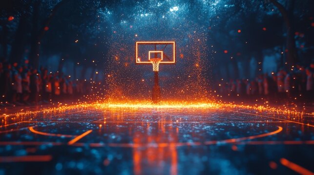 Stylized basketball court with glowing hoop and fiery spark trails. Generative AI