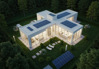 Drone Aerial View Solar panels on the roof of a modern house, Residential houses with Alternative and Renewable energy concept. Generative AI