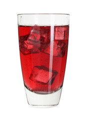Sweet soda water with ice cubes in glass isolated on white