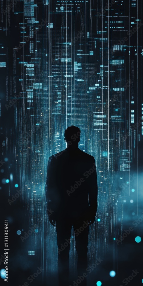 Aufkleber silhouette of a person in front of digital data streams and lights