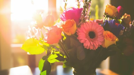 Woman arranging fresh flowers in a vase on a dining table, bright natural light  the vibrant colors of the flowers