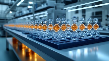 Fototapeta premium Lab Equipment, Transparent Glassware, Research, Rows of Beaker-Like Vessels