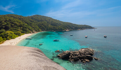 Fototapeta premium Sailboat rock viewpoint, Mu Ko Similan National Park, is a continental archipelago in the Andaman Sea off the coast of, and part of, Phang Nga Province in southern Thailand.