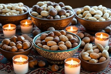 Festive holiday gathering featuring decorative bowls of nuts and glowing candles for a warm, inviting atmosphere. Generative AI