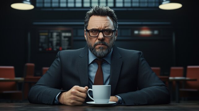 Hungover Businessman in Office Break Room Sipping Coffee