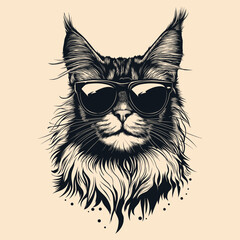 Cool Maine Coon Cat with Sunglasses — Vintage Line Art Vector Illustration, Isolated on Beige Background