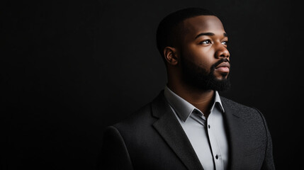 Fototapeta premium Portrait of African businessman on black studio background, confident man entrepreneur