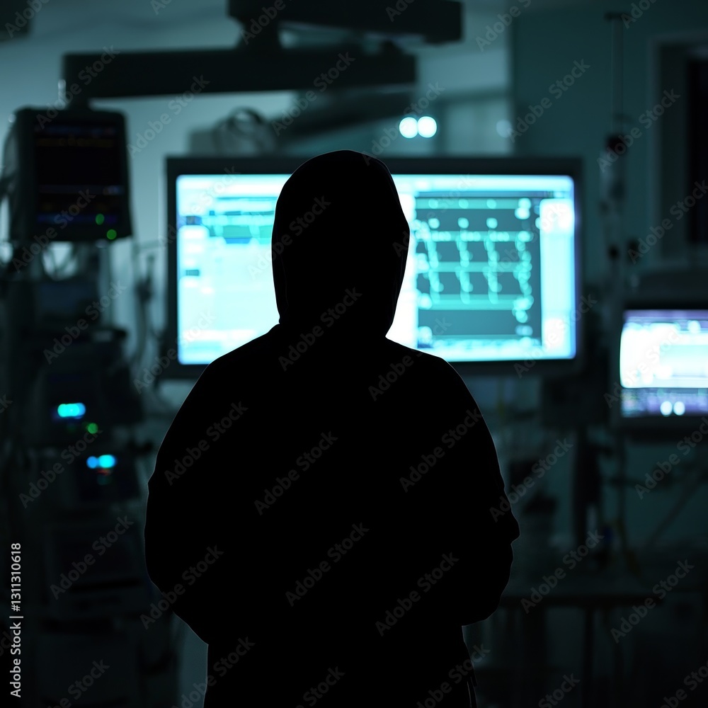 Poster a person is standing in front of a computer monitor with a hood over their head