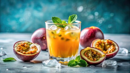 Fototapeta premium Fresh Passion Fruit Juice Photography: Iced Drink, Summer Beverage, Refreshing Mocktail