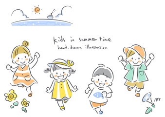 夏を楽しむこども達　手描き風のかわいい線画イラスト