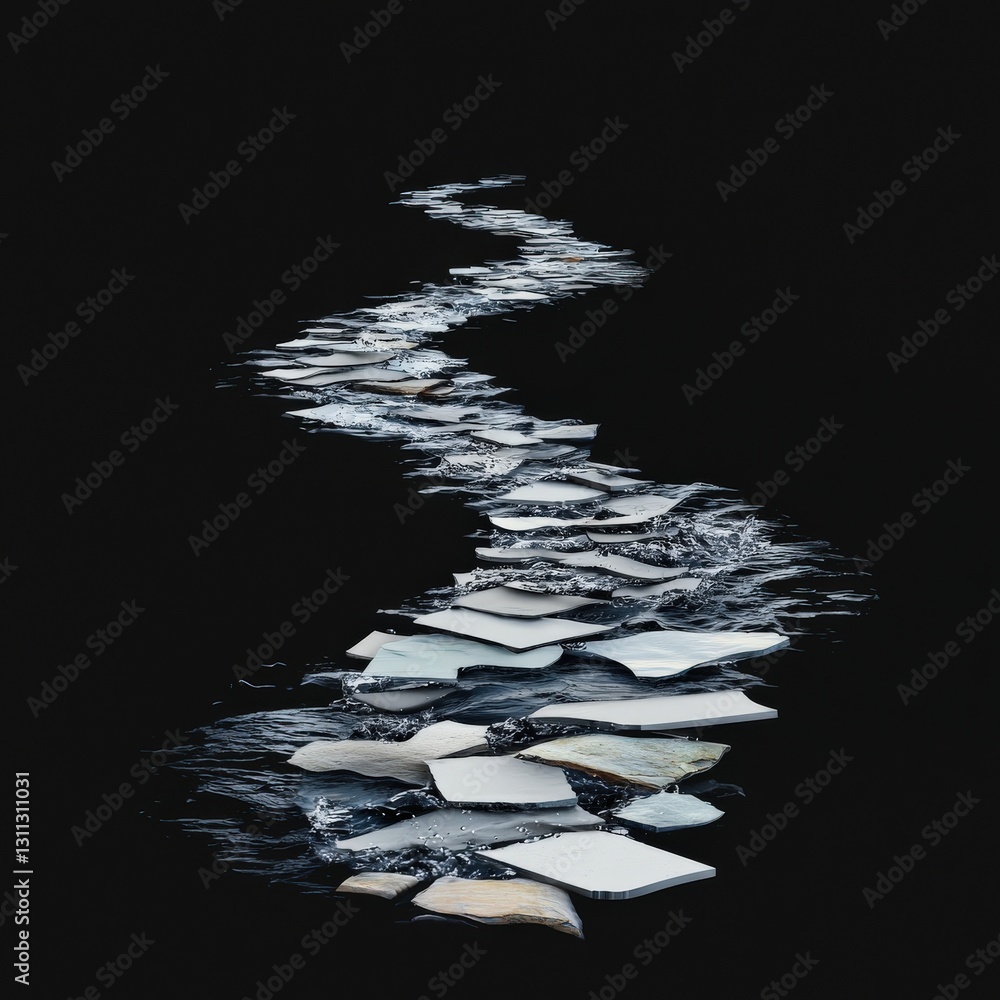 Poster a flowing stream made of pixels transitioning into a real river.