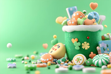Obraz premium Pot overflowing with sweets against a vibrant green background in a soft studio