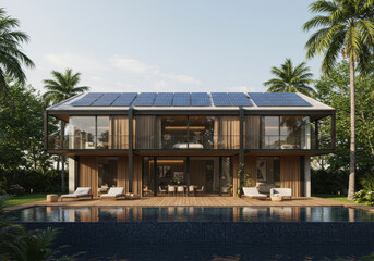 Obraz premium Solar panels on the roof of a modern house, Residential houses with Alternative and Renewable energy concept. Generative AI