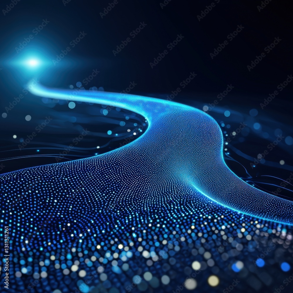 Poster a flowing stream made of pixels transitioning into a real river.