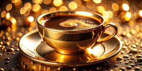 Golden Coffee Cup Bokeh, Luxury Coffee Drink,  Gold Texture Coffee Mug, Abstract Coffee Photo, Elegant Coffee Photography