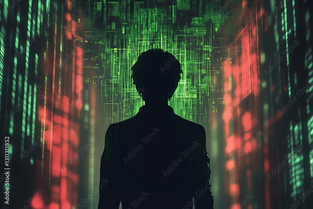 Poster mysterious figure against digital matrix background in dark setting