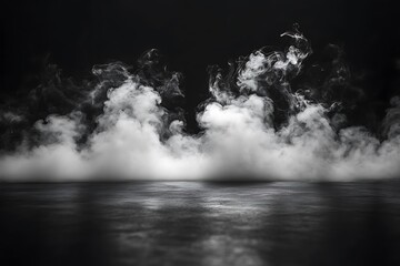Dramatic Dark Fog Scene, Misty Background, Smoke Effect, Black Floor, Abstract Design