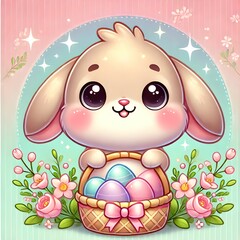 Cheerful Cartoon Bunny Holding Easter Egg Basket – Cute Illustration - Perfect for spring, Easter, and festive designs
