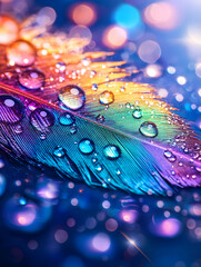 Rainbow feather with water droplets on bokeh background shines brightly, close-up