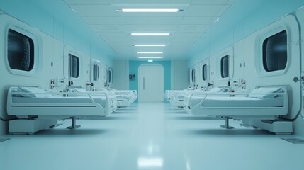 Empty hospital hallway with beds, futuristic, clean, sterile, possible use for medical presentation