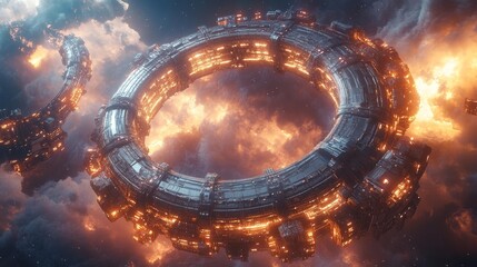 Orbiting space station with fiery plasma explosions and cosmic clouds. Generative AI