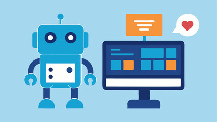 Virtual Shopping Assistant A friendly robot is seen standing next to a computer screen displaying a shopping cart filled with customized product recommendations based on user