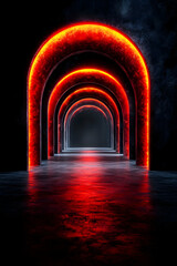 Red arches line a futuristic hallway reflecting off floor into deep darkness
