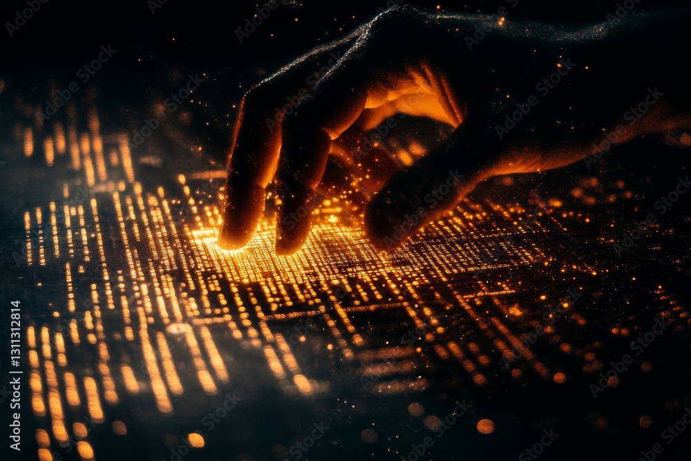 Aufkleber hand touching digital data flow with golden particles effect