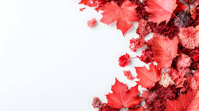Red maple leaves and potpourri frame white background, autumn still life arrangement
