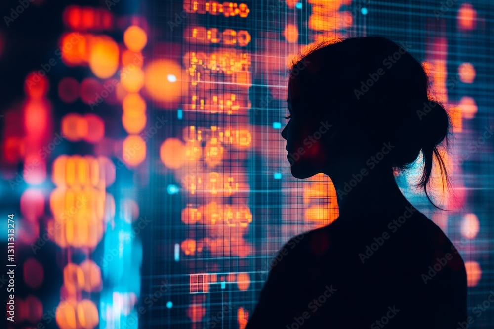 Poster silhouette of a woman against a colorful data visualization background displaying technology trends