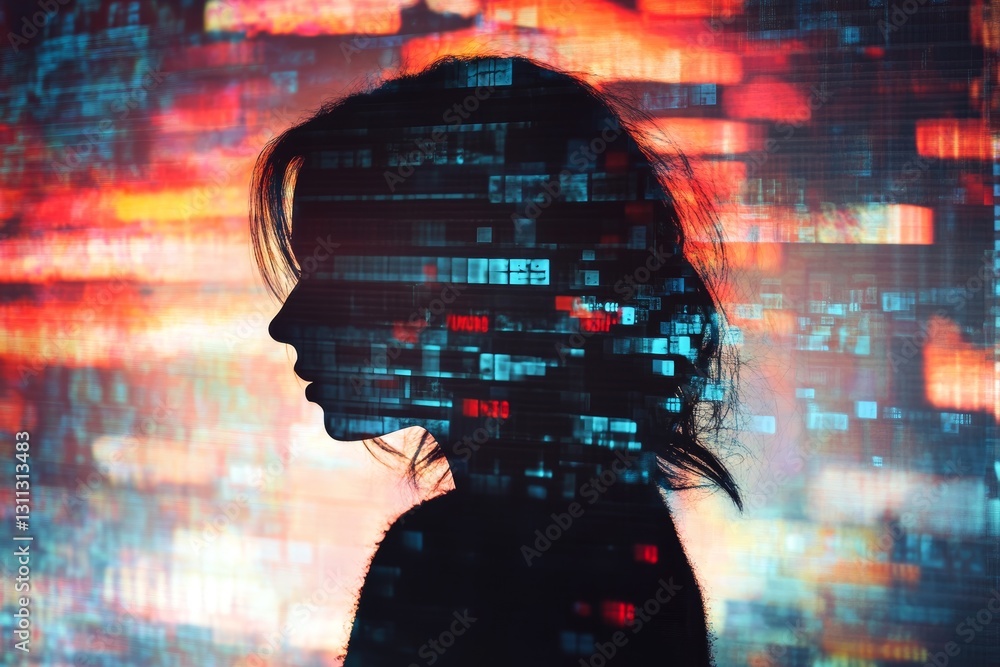 Aufkleber abstract profile silhouette with digital data and colorful background