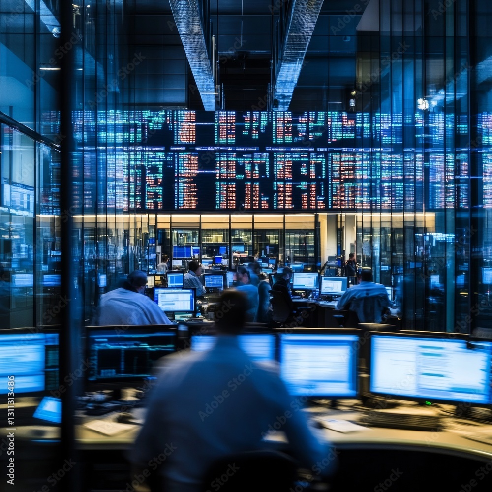 Poster active financial trading floor with multiple monitors displaying market data