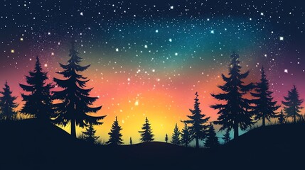Naklejka premium Landscape with aurora borealis in the night sky illustration 