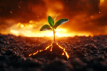 Resilient sprout amidst fiery sunset, scorched earth