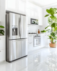 Refrigerator in bright, white kitchen with tile floor and plants near window