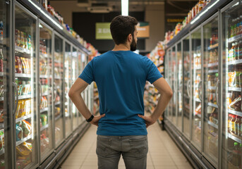 A man contemplates options in the refrigerated aisle of a grocery store.