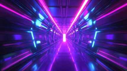 Fototapeta premium A futuristic tunnel with neon lights leads to an exit