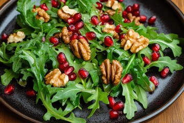 Gourmet salad featuring pomegranate seeds, arugula, and walnuts served on a dark ceramic plate for a healthy delight. Generative AI