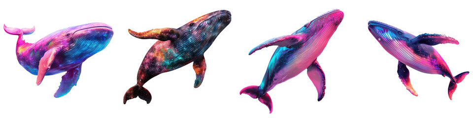 Obraz premium Mesmerizing digital of fantastical marine creatures swimming through a vibrant psychedelic ocean landscape in shimmering hues of blue pink and orange Captivating abstract and surreal aquatic art