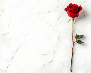 Rose standing upright on textured white surface. Isolated, with clear background