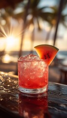 watermelon artisan cocktail in a glass on the beach