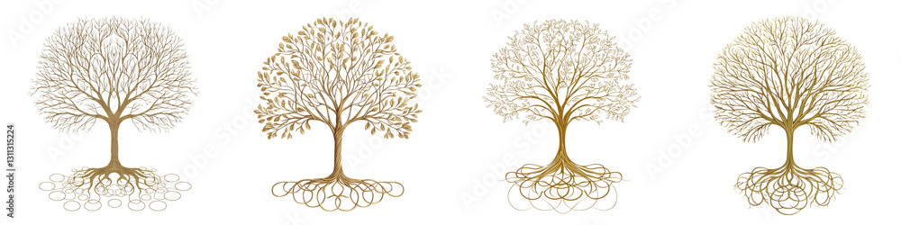 Poster stylized and abstract tree silhouettes in nature forming elegant botanical patterns and symbols mini