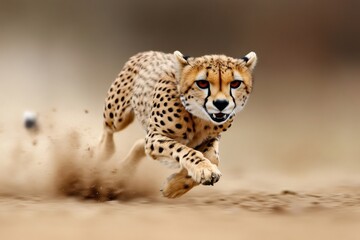 Cheetah running fast on dusty ground in the savannah