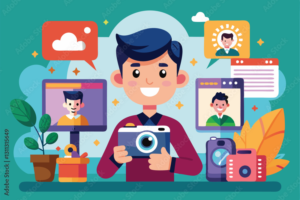 Poster a cheerful character captures a moment with a camera in a vibrant workspace filled with colorful ele