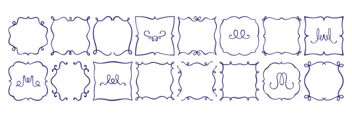 hand drawn outline frame set. square, circle shape antique borders with curl, loop, wave, bow