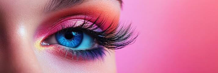 Bright and fashionable female eye makeup featuring colorful shadows and bold false eyelashes against a trendy background